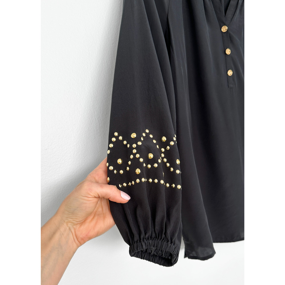 Lilly Pulitzer Elsa Black Silk Gold Stud Sleeve Top size XS - Picture 2 of 5